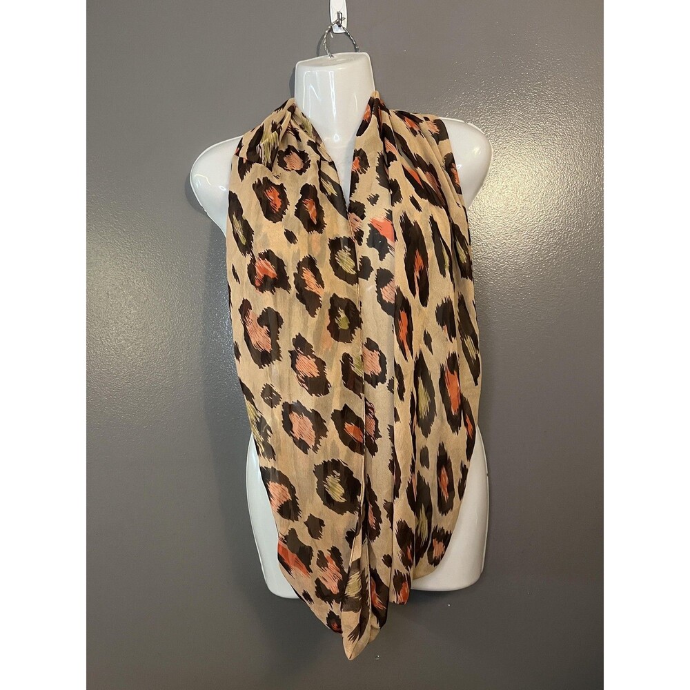 Leopard Print Scarf Womens One Size Beige Brown Orange Silk Blend Sheer